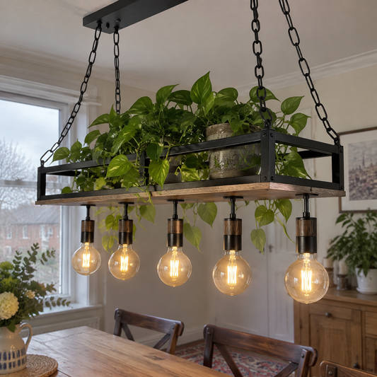 Industrial Pendant Light - Black and Wood 5 Light in a British home