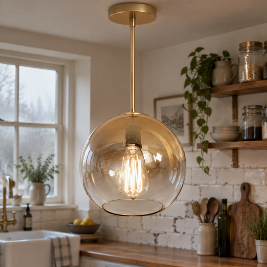 Industrial Pendant Light - Glass and Metal Kitchen in a British home