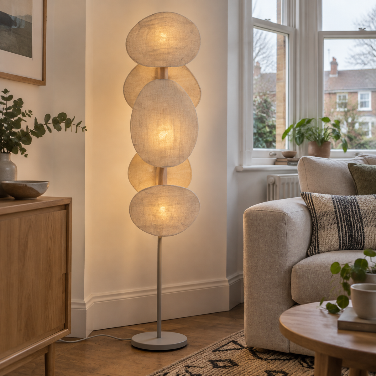 Japandi Floor Lamp - Beige 3 Light Living Room Lamp in a British home