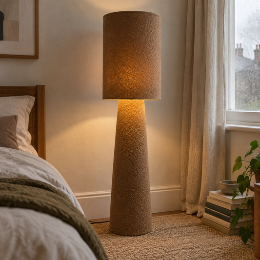 Japandi Floor Lamp - Brown Teddy Fabric 2 Light in a British home