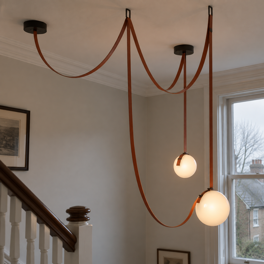 Leather and Glass Chandelier - Staircase Ceiling Light in a British home