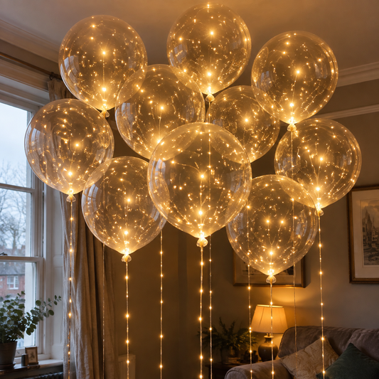 Transparent LED party balloons glowing above a British sitting room on a dull afternoon