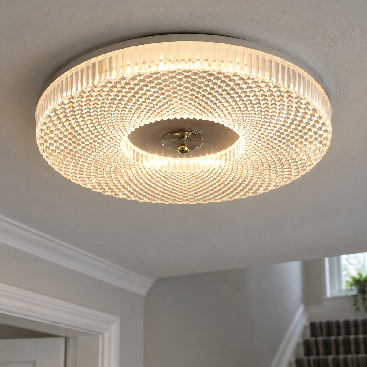 Ultra-thin recessed LED ceiling light set flush into a British hallway ceiling