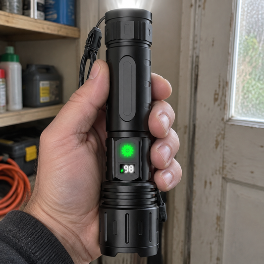 Hand gripping a high-power rechargeable LED torch in a British utility room