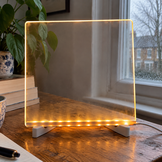 Writable acrylic LED message board lamp standing on a desk in a British home study