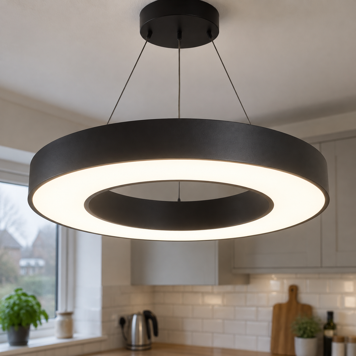 Modern metal LED ring pendant hanging over a British kitchen worktop in dull daylight