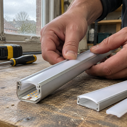 Hands fitting the diffuser into an aluminium recessed LED strip mounting channel