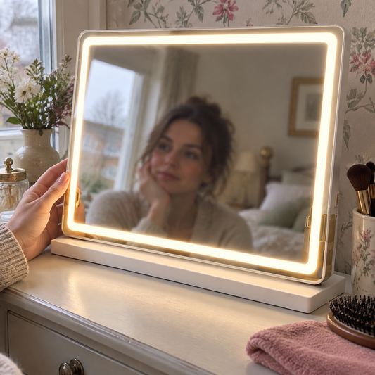 Lighted LED vanity mirror standing on a British bedroom dressing table