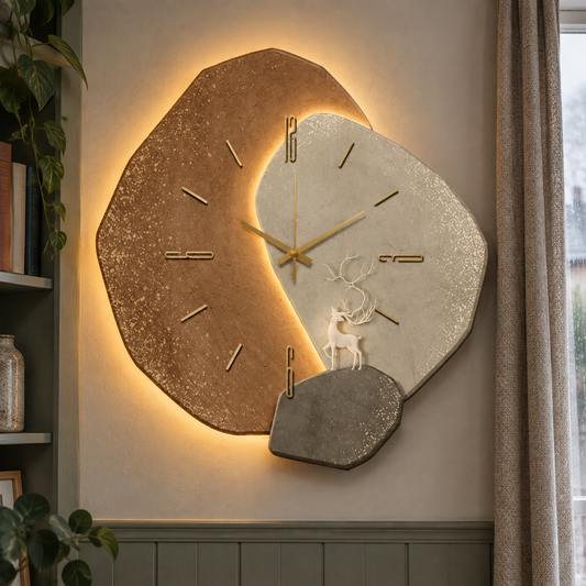 Natural wood LED wall clock with a soft glow hung on a British sitting-room wall