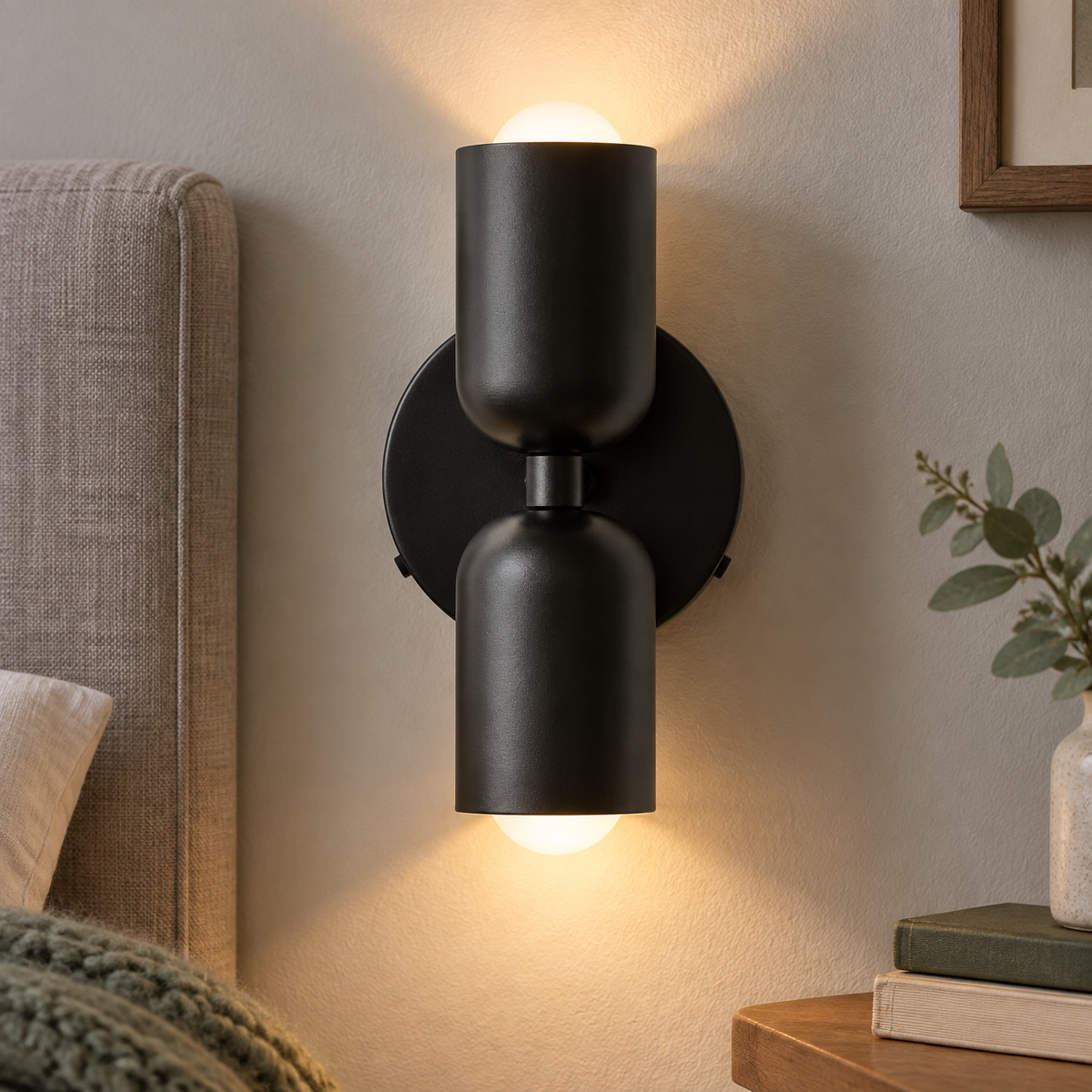Scandinavian up-down LED wall lamp beside a bed in a grey-lit British bedroom