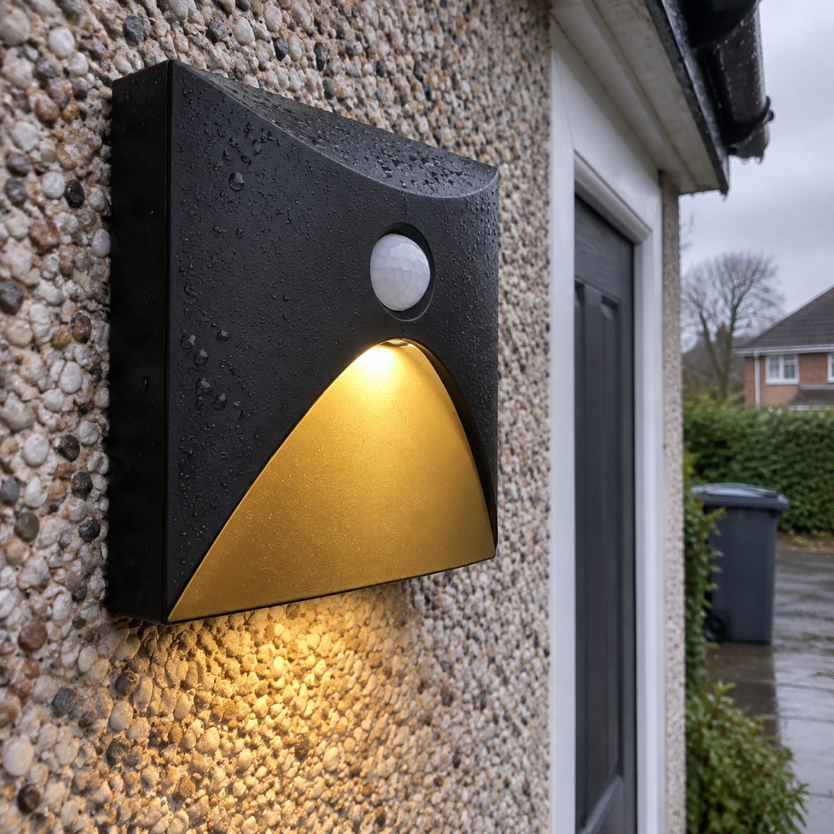 IP65 motion sensor LED outdoor wall light above a side door on a drizzly afternoon