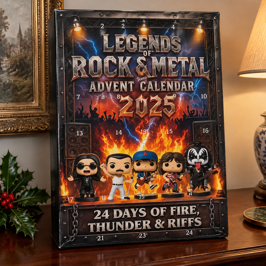Rock-themed metal advent calendar standing on a mahogany sideboard in December daylight