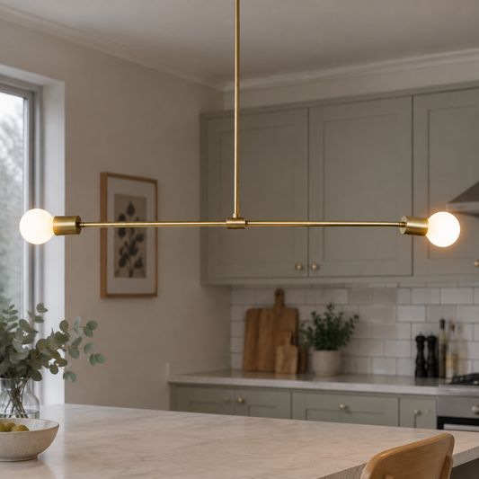 Two-bulb minimalist linear pendant light hanging over a British kitchen island