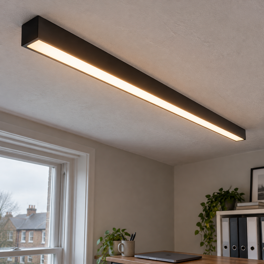 Minimalist LED bar ceiling light mounted flush above a British home office desk