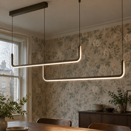 Acrylic and aluminium linear LED chandelier hanging over a British dining table