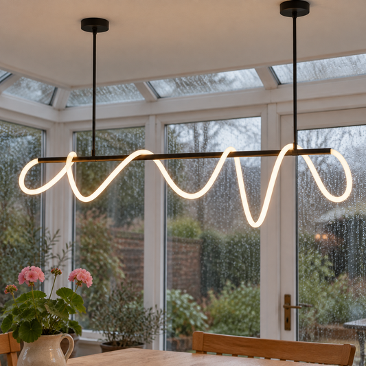 Dimmable acrylic and metal linear LED chandelier above a conservatory dining table