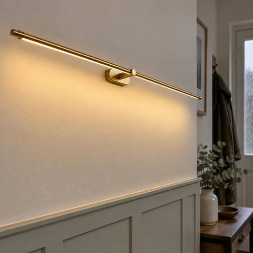 Modern decorative linear LED wall lamp mounted in a panelled British hallway