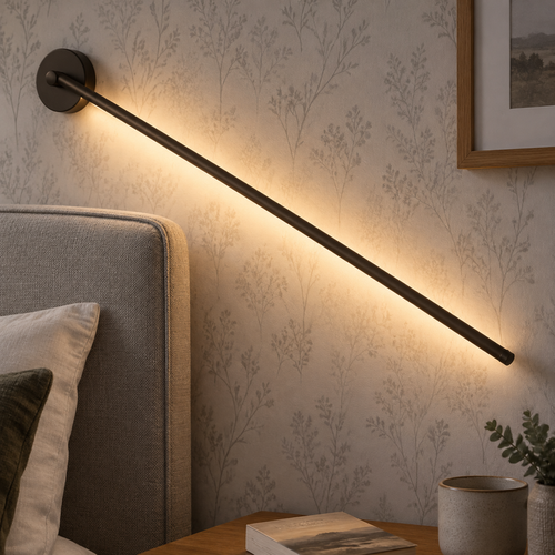 Rotatable slim steel linear LED wall light beside a British bedroom headboard