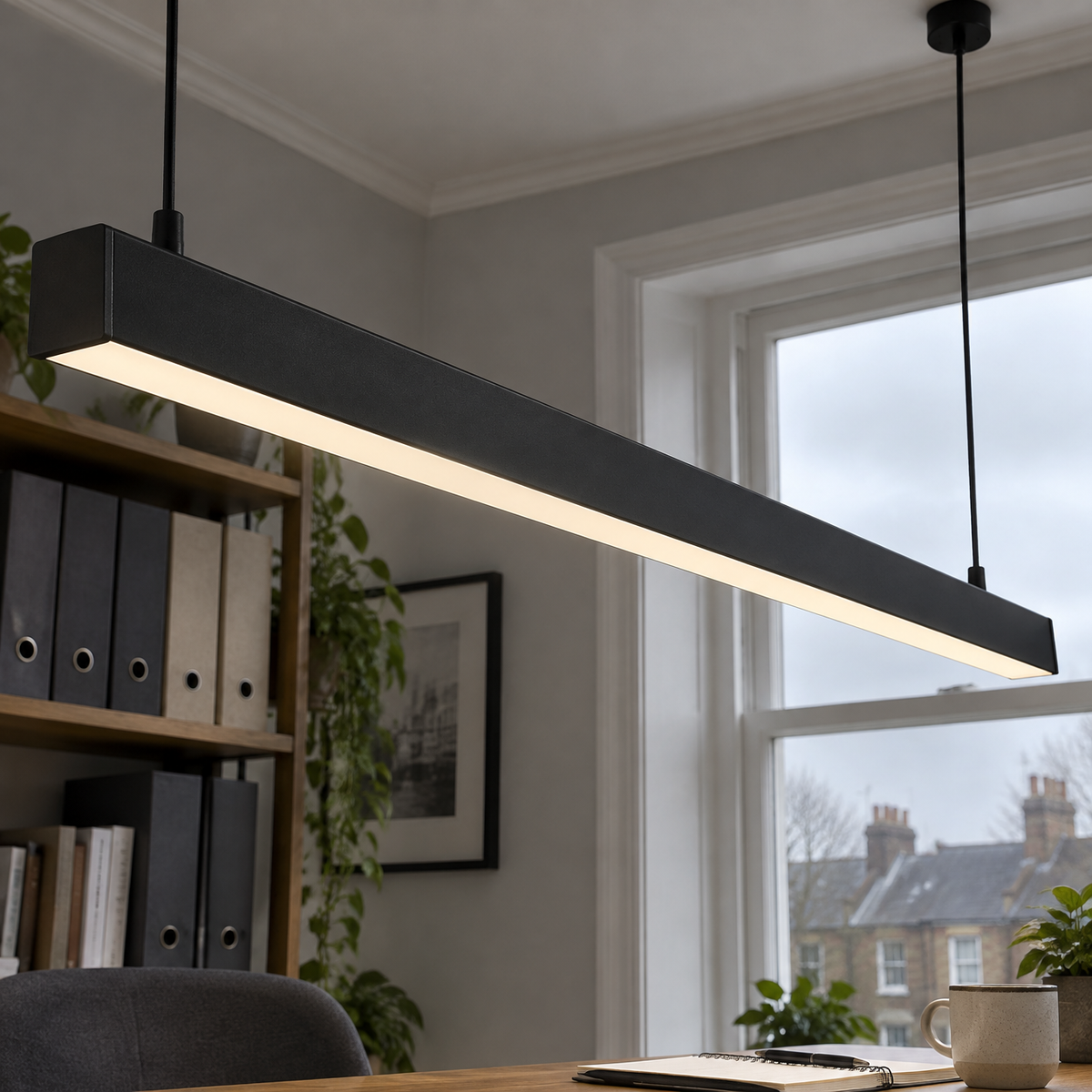 Black linear LED pendant bar hanging above a British home office desk