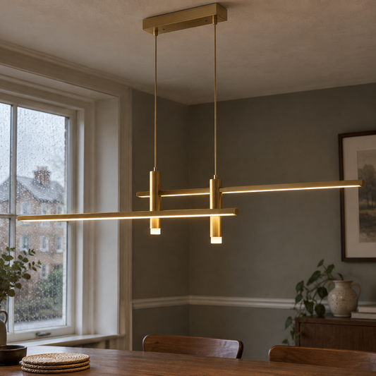 Dimmable acrylic linear LED pendant hanging above a British dining table in dull light
