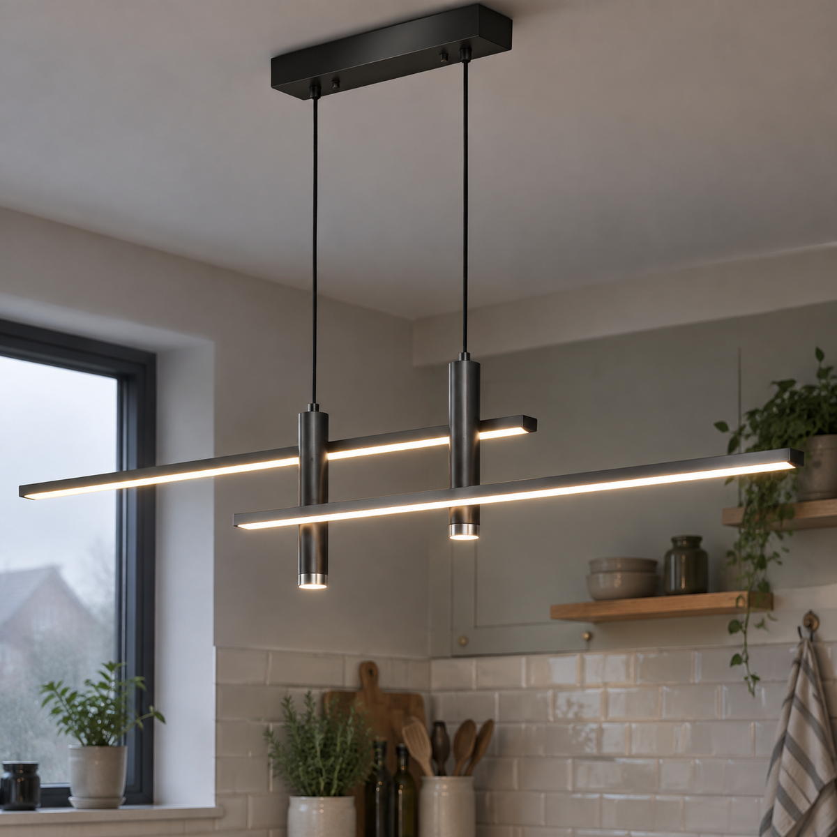 Minimalist LED strip pendant light suspended over a British kitchen worktop
