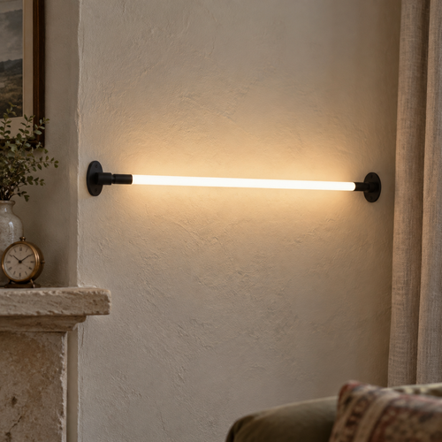 Dimmable aluminium linear LED wall lamp on a British sitting-room chimney breast