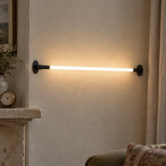 Dimmable aluminium linear LED wall lamp on a British sitting-room chimney breast