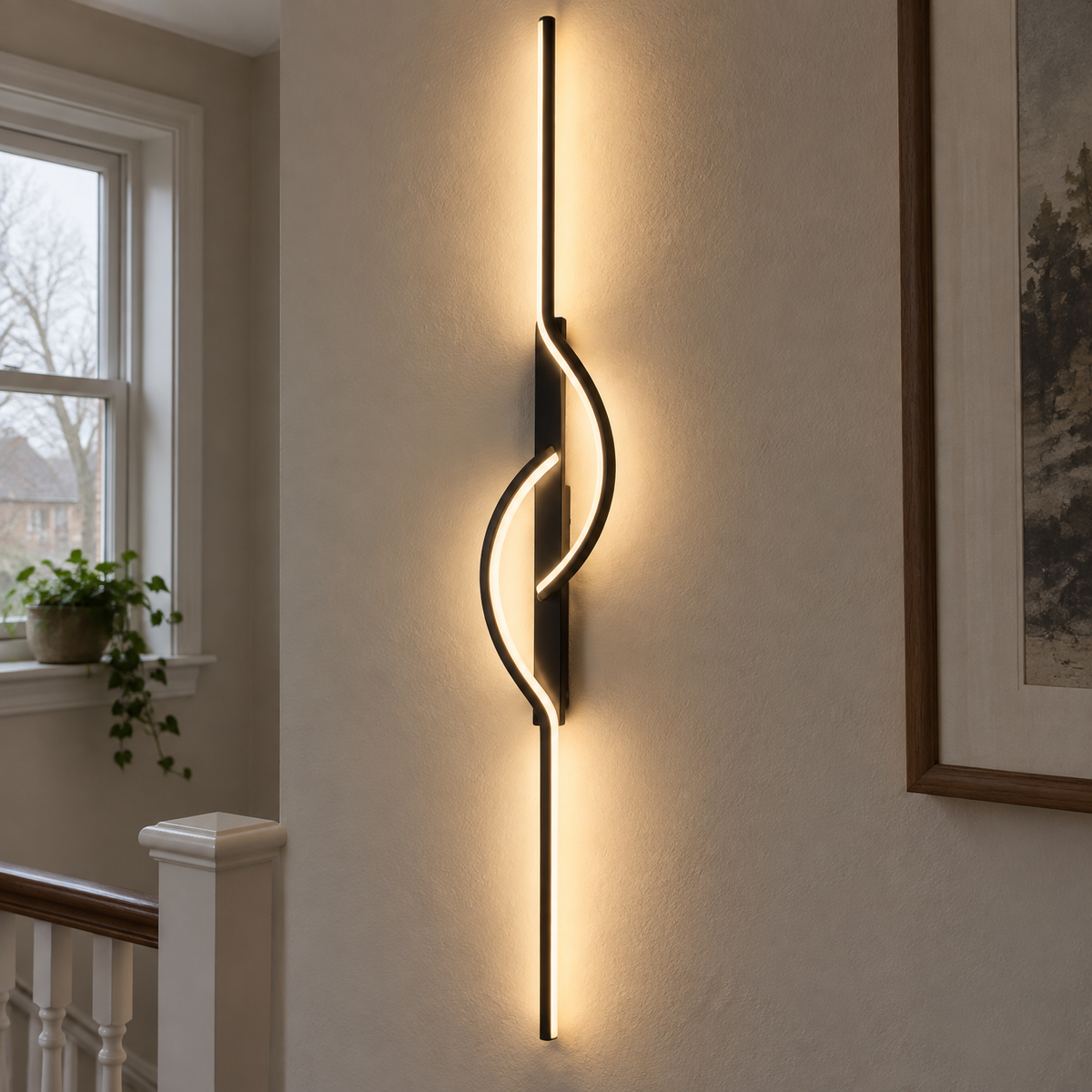 Modern black aluminium linear wall sconce on a British landing wall