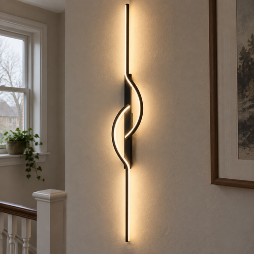 Modern black aluminium linear wall sconce on a British landing wall