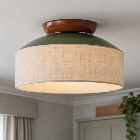 Linen fabric shade ceiling light fitted flush to a British bedroom ceiling