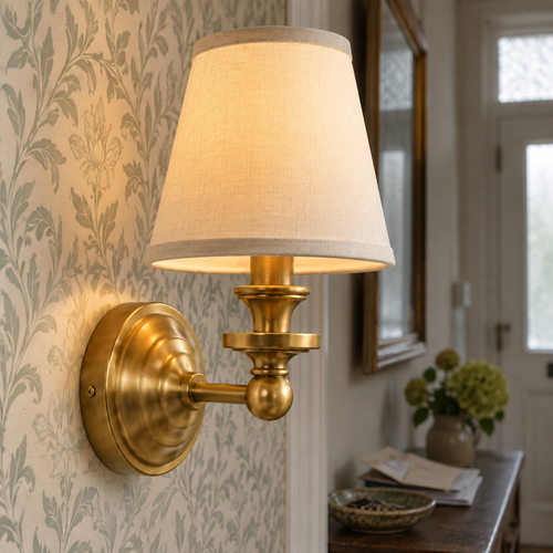 Retro brass wall sconce with a linen shade above a British hallway console table