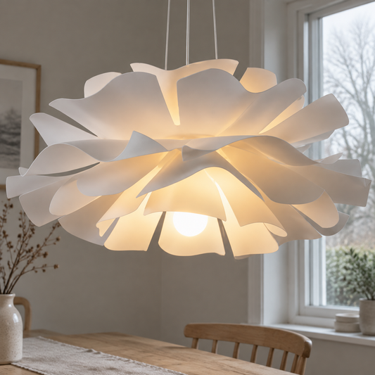 Nordic lotus flower pendant light hanging over a British dining table