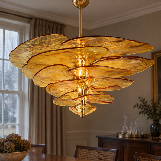 Layered glass lotus leaf chandelier hanging in a British dining room