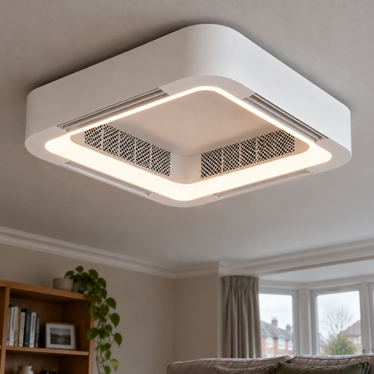 Low profile bladeless ceiling fan with LED light fitted to a British sitting-room ceiling