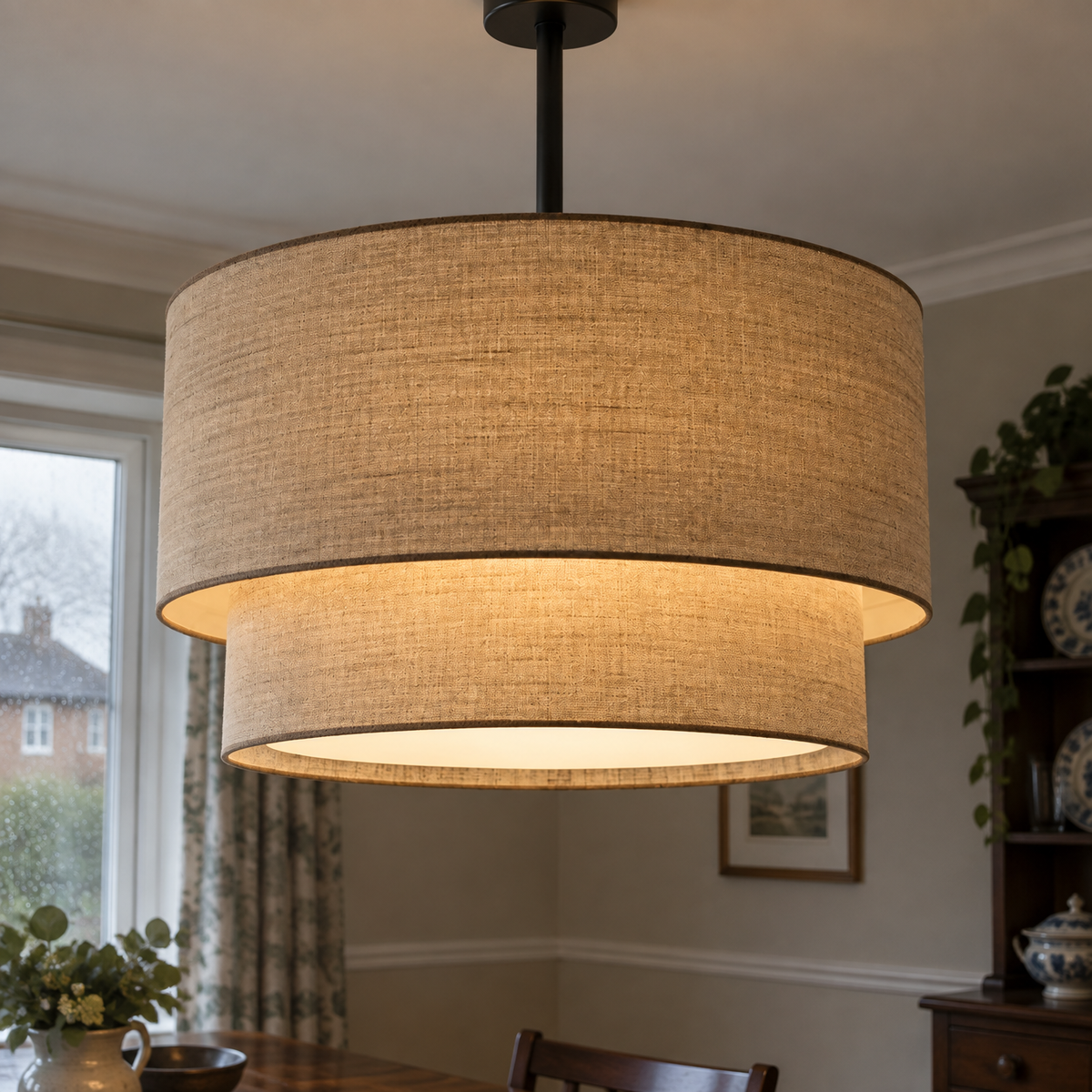 Double linen drum shade chandelier hanging above a British dining table