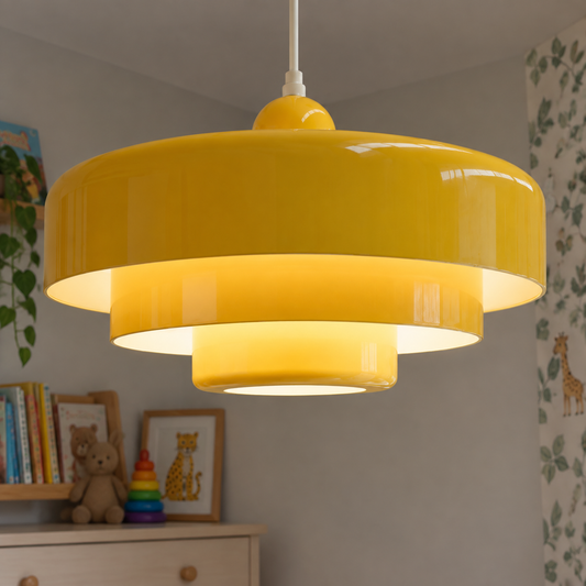 Triple-layer macaron disc pendant light hanging in a British child's bedroom
