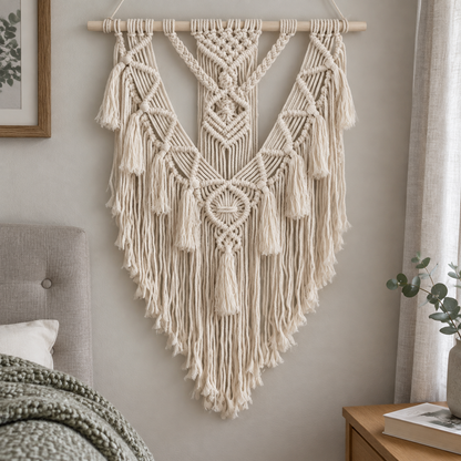 Bohemian macrame wall hanging suspended above a British bedroom headboard