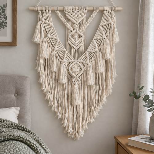Bohemian macrame wall hanging suspended above a British bedroom headboard
