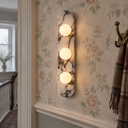 Minimalist natural stone wall sconce on a plastered wall in a British bedroom