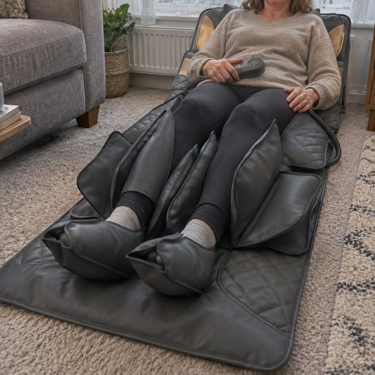 Full body air compression massage mat with heat being used on a living room floor