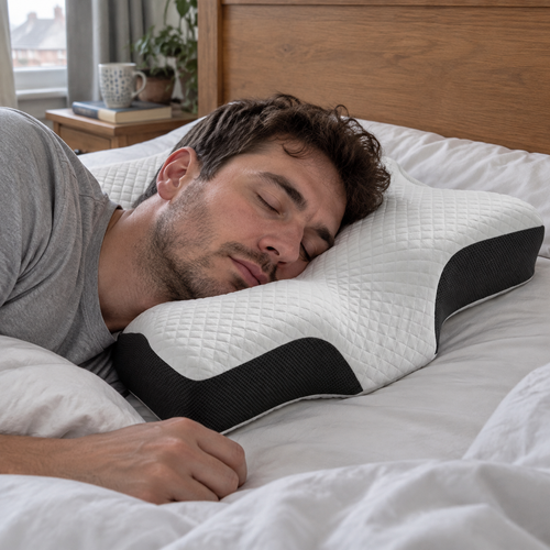 Ergonomic cervical memory foam pillow on a bed in a British bedroom