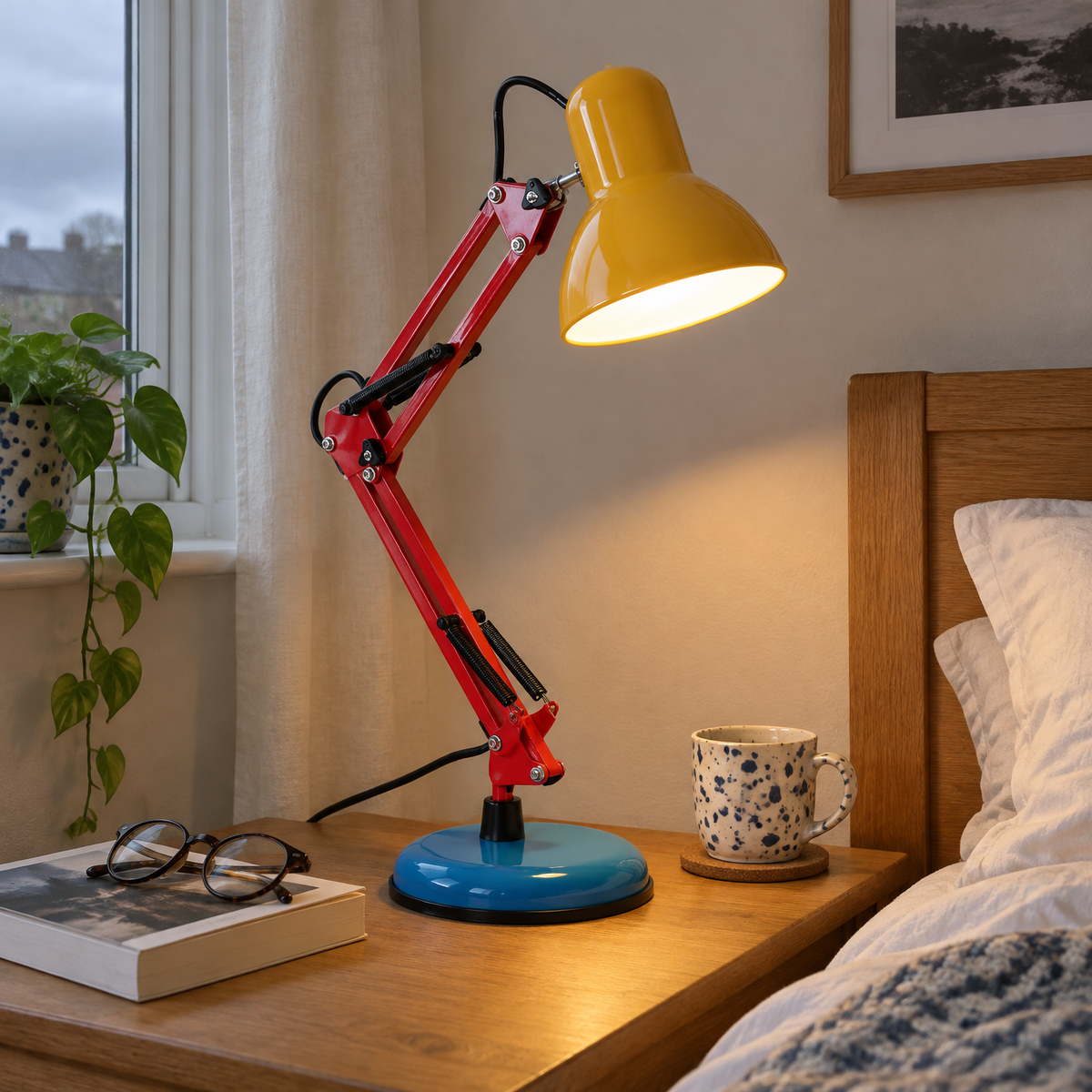 Colourful Memphis-style retro table lamp on a bedside table in a British bedroom