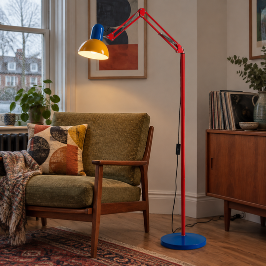 Colourful Memphis-style retro floor lamp standing in a British living room