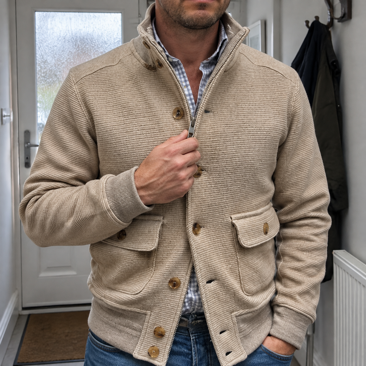 Men's stand collar biker jacket worn on a British street in dull daylight