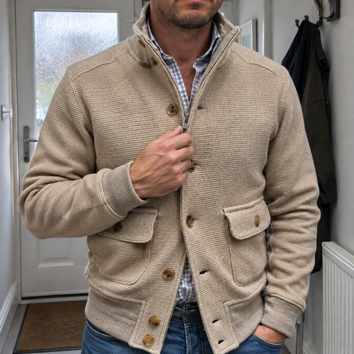Men's stand collar biker jacket worn on a British street in dull daylight