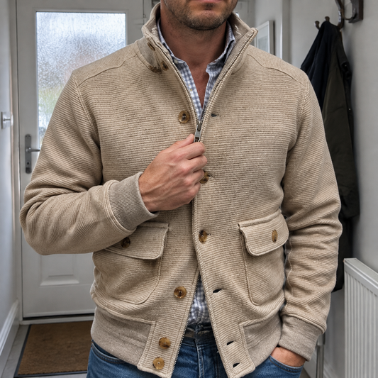 Men's stand collar biker jacket worn on a British street in dull daylight