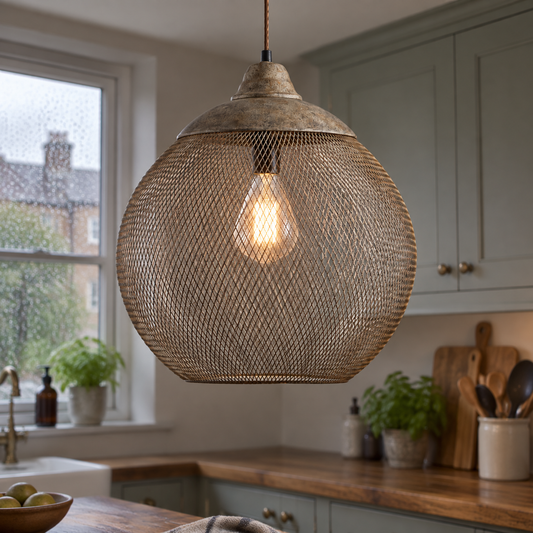 Industrial mesh cage pendant light hanging over a kitchen island in a British home