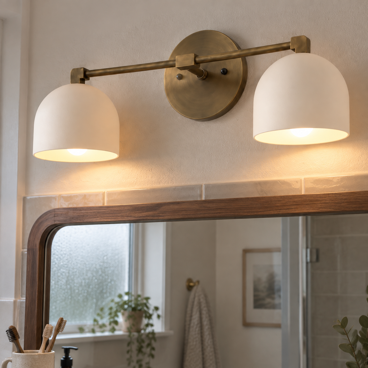 Nordic metal ball vanity wall light above a bathroom mirror in a British home