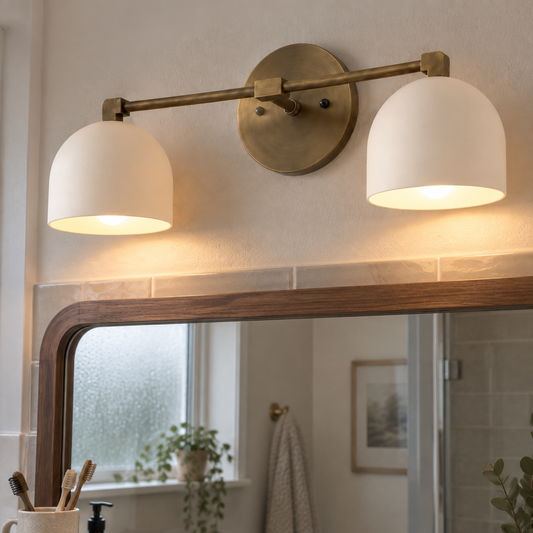 Nordic metal ball vanity wall light above a bathroom mirror in a British home