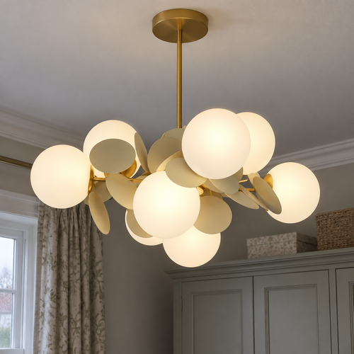 Minimalist metal chandelier hanging from a bedroom ceiling in a British home